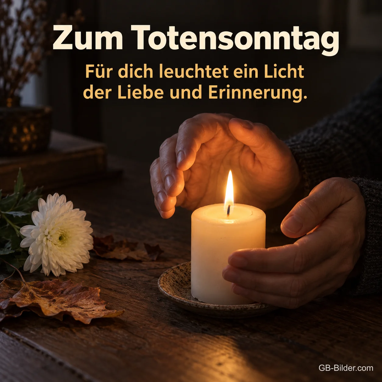 Hände schützen eine brennende Kerze neben einer weißen Chrysantheme, Text: Zum Totensonntag – Für dich leuchtet ein Licht der Liebe und Erinnerung.