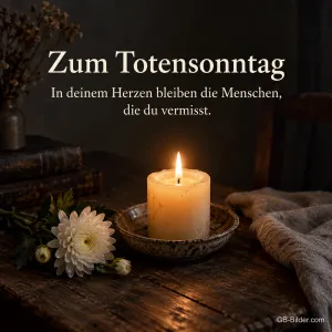 Brennende Kerze mit weißen Chrysanthemen auf dunklem Holz, Text: Zum Totensonntag – In deinem Herzen bleiben die Menschen, die du vermisst.