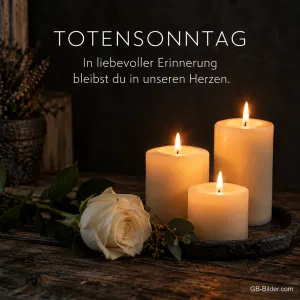 Drei brennende Kerzen und eine weiße Rose, Text: Totensonntag – In liebevoller Erinnerung bleibst du in unseren Herzen.
