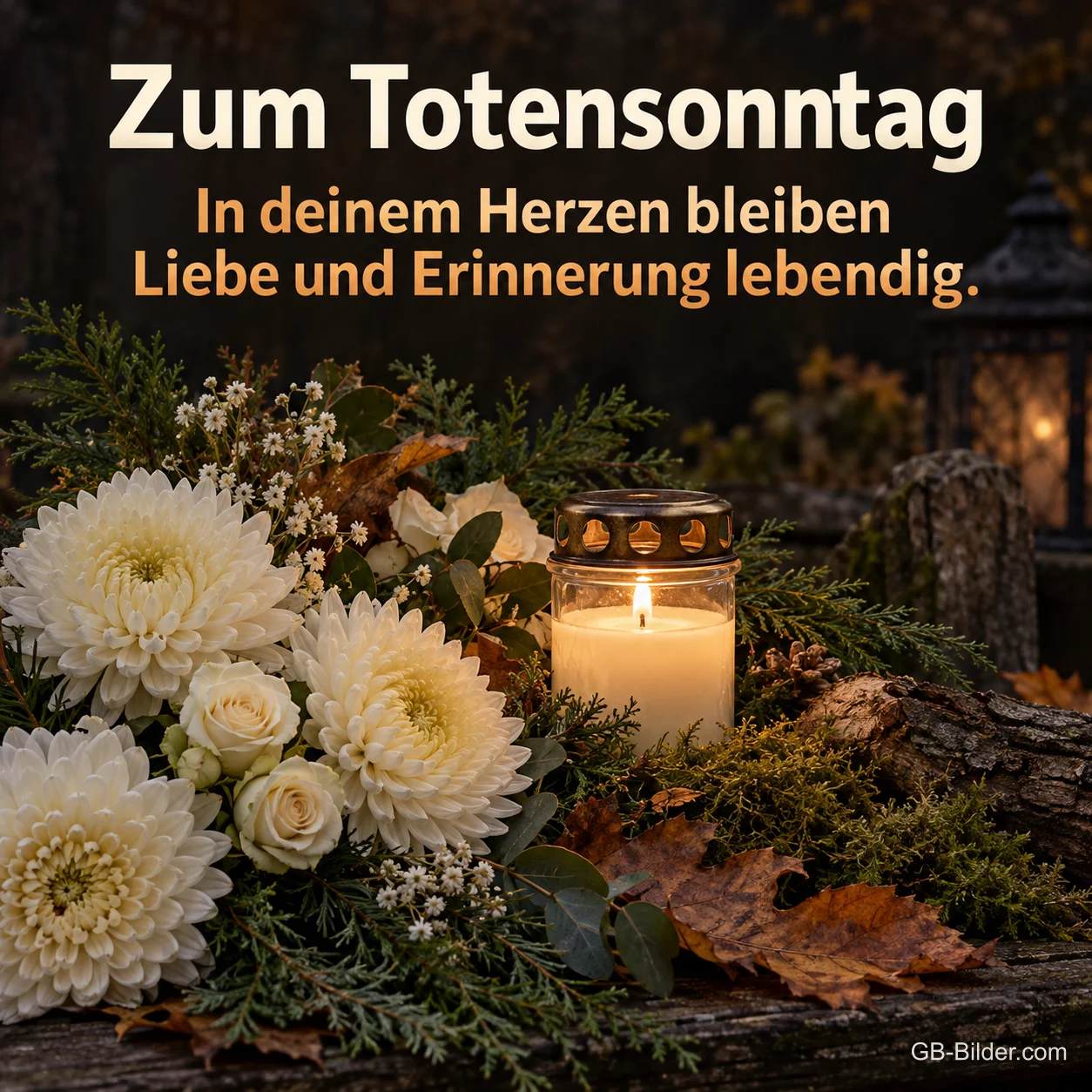 Grablicht zwischen weißen Chrysanthemen und Tannengrün, Text: Zum Totensonntag – In deinem Herzen bleiben Liebe und Erinnerung lebendig.