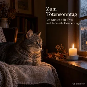 Katze am Fenster neben einer brennenden Kerze, Text: Zum Totensonntag – Ich wünsche dir Trost und liebevolle Erinnerungen.