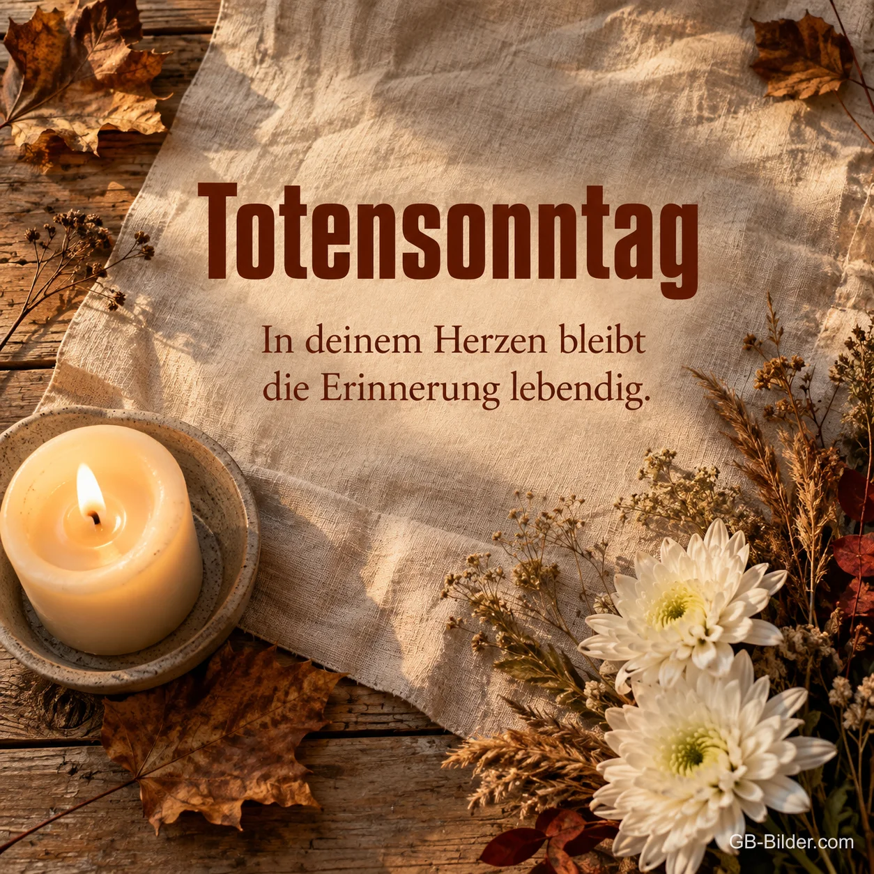 Kerze und weiße Chrysanthemen auf Leinen mit Herbstlaub, Text: Totensonntag – In deinem Herzen bleibt die Erinnerung lebendig.