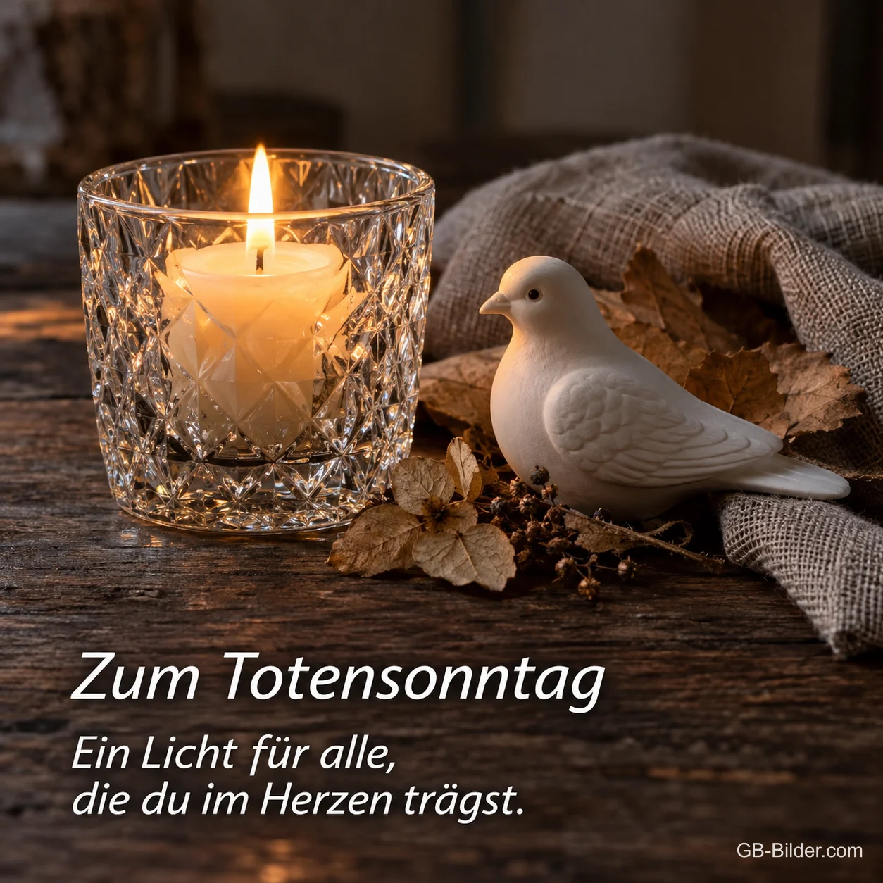Kerzenglas neben einer weißen Taube und Herbstlaub, Text: Zum Totensonntag – Ein Licht für alle, die du im Herzen trägst.