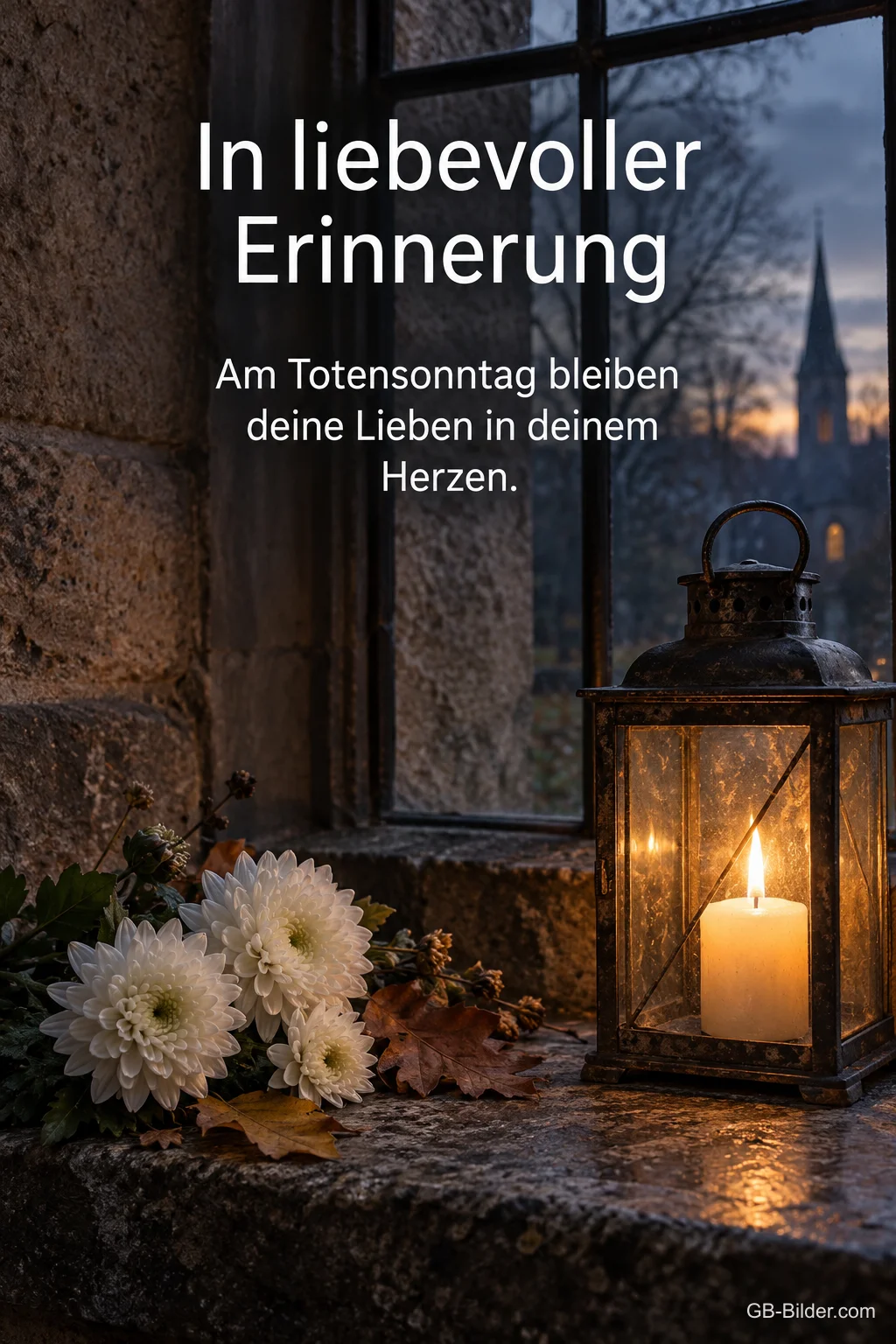 Laterne mit Kerze und weiße Chrysanthemen, Text: In liebevoller Erinnerung