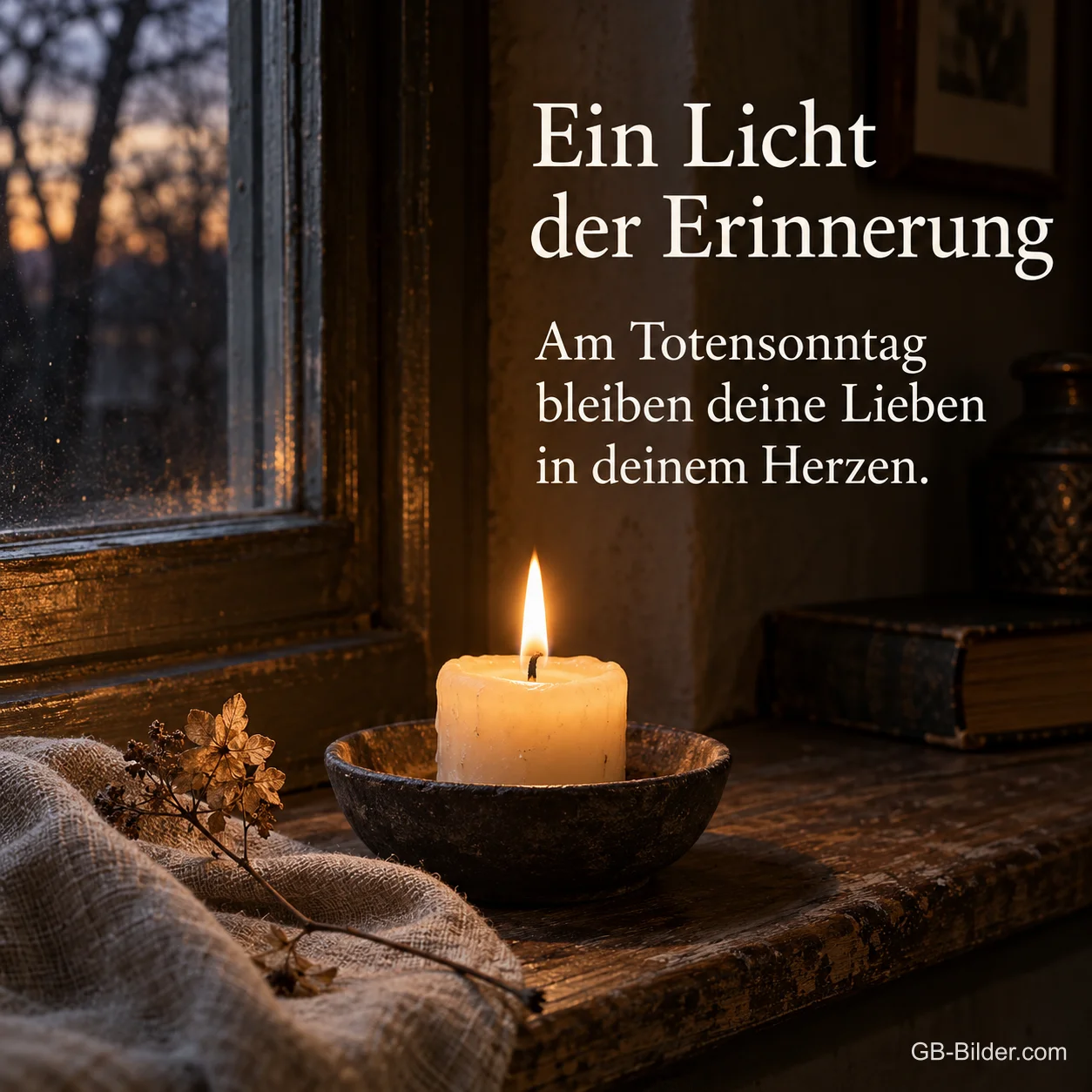 Kerze in einer Schale am Fenster, Text: Ein Licht der Erinnerung