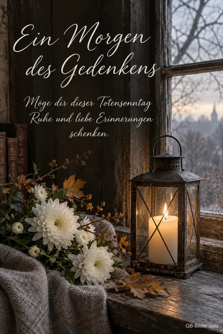 Laterne mit Kerze und weiße Chrysanthemen am Fenster, Text: Ein Morgen des Gedenkens