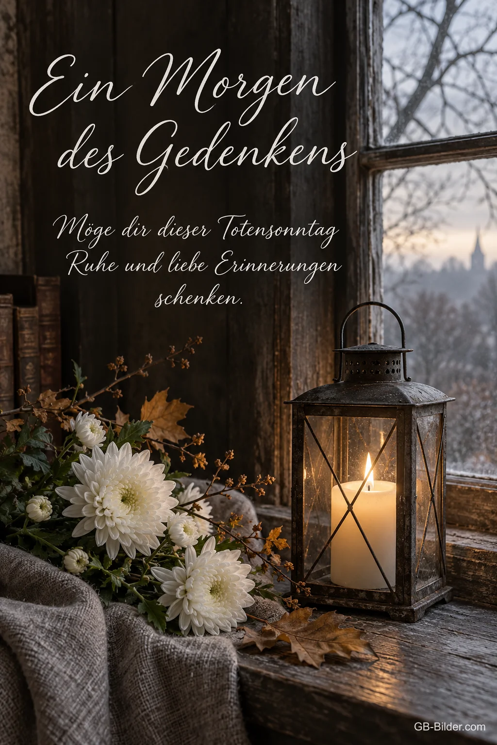 Laterne mit Kerze und weiße Chrysanthemen am Fenster, Text: Ein Morgen des Gedenkens