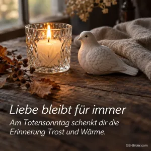 Teelicht im Kristallglas neben weißer Taube, Text: Liebe bleibt für immer