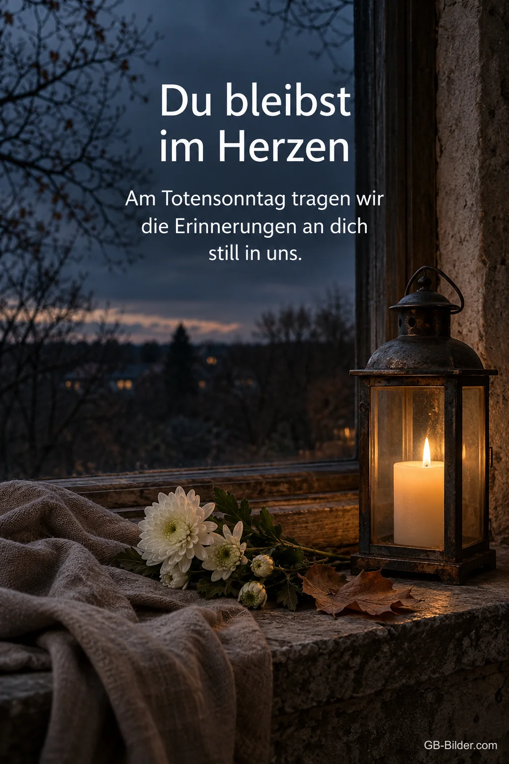 Laterne mit Kerze und Chrysanthemen am Fenster, Text: Du bleibst im Herzen