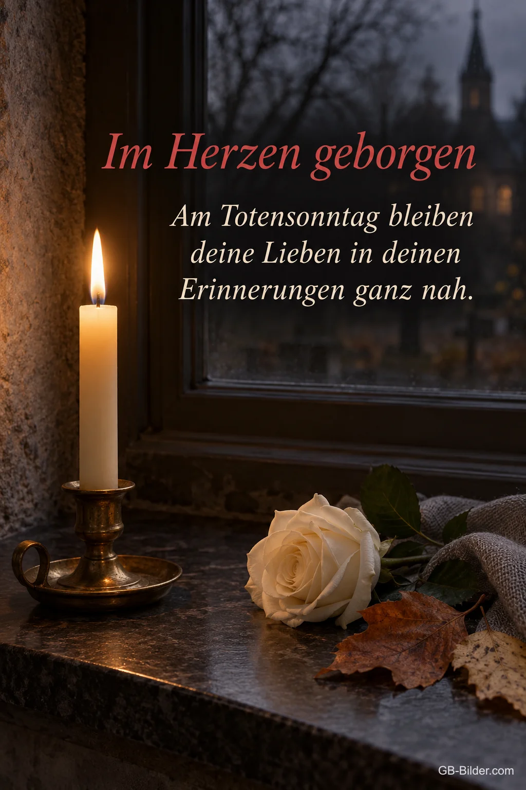 Kerze und weiße Rose am Fenster, Text: Im Herzen geborgen