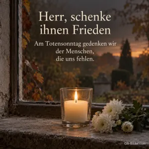 Grablicht und weiße Chrysanthemen am Fenster, Text: Herr, schenke ihnen Frieden