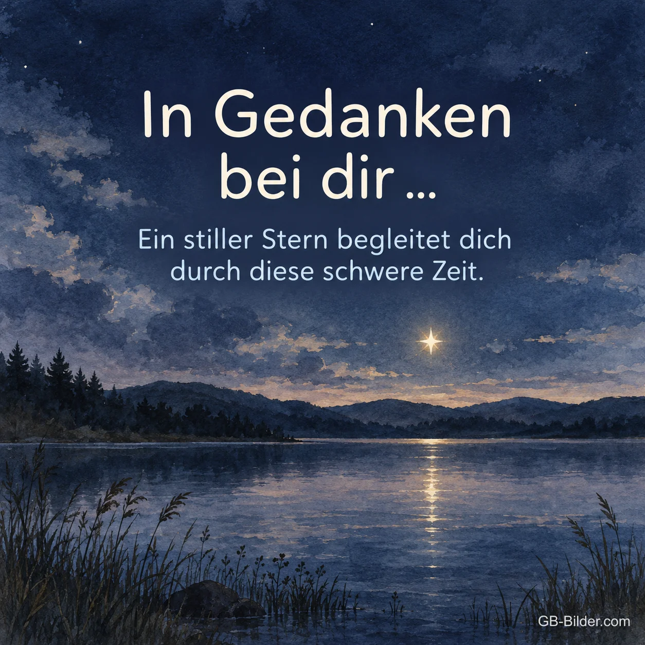 Stern über einem See bei Nacht, Text: In Gedanken bei dir Stern über einem See bei Nacht, Text: In Gedanken bei dir