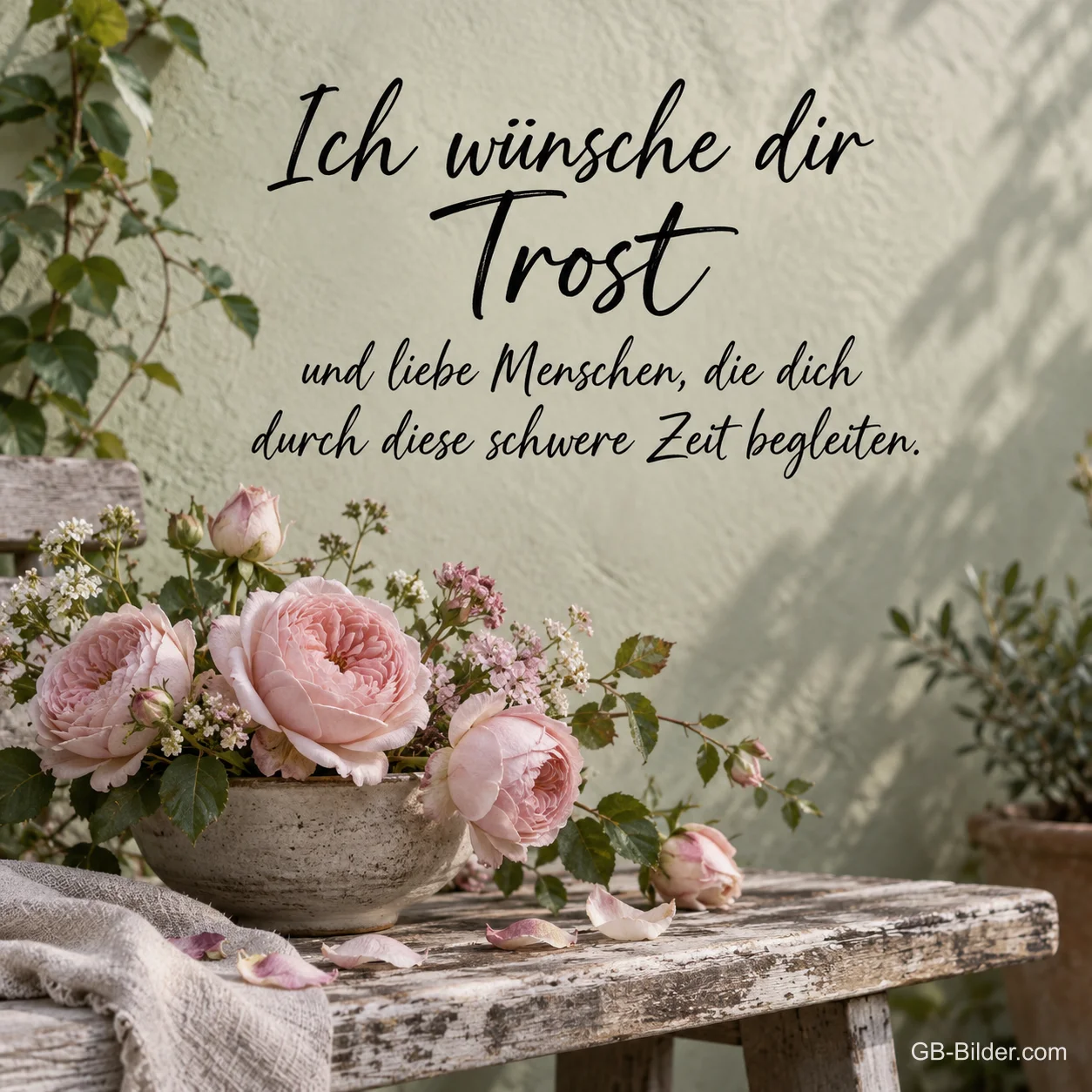 Rosen in einer Schale, Text: Ich wünsche dir Trost und liebe Menschen, die dich durch diese schwere Zeit begleiten Rosen in einer Schale, Text: Ich wünsche dir Trost und liebe Menschen, die dich durch diese schwere Zeit begleiten