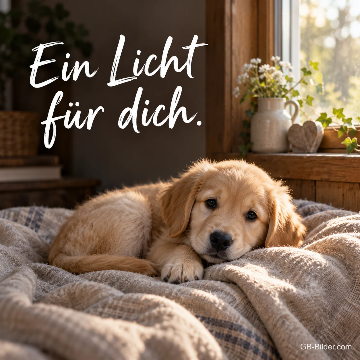 Welpe auf einer Decke, Text: Ein Licht für dich Welpe auf einer Decke, Text: Ein Licht für dich