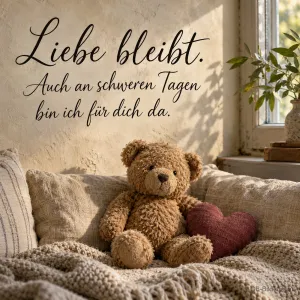 Teddybär mit Stoffherz, Text: Liebe bleibt