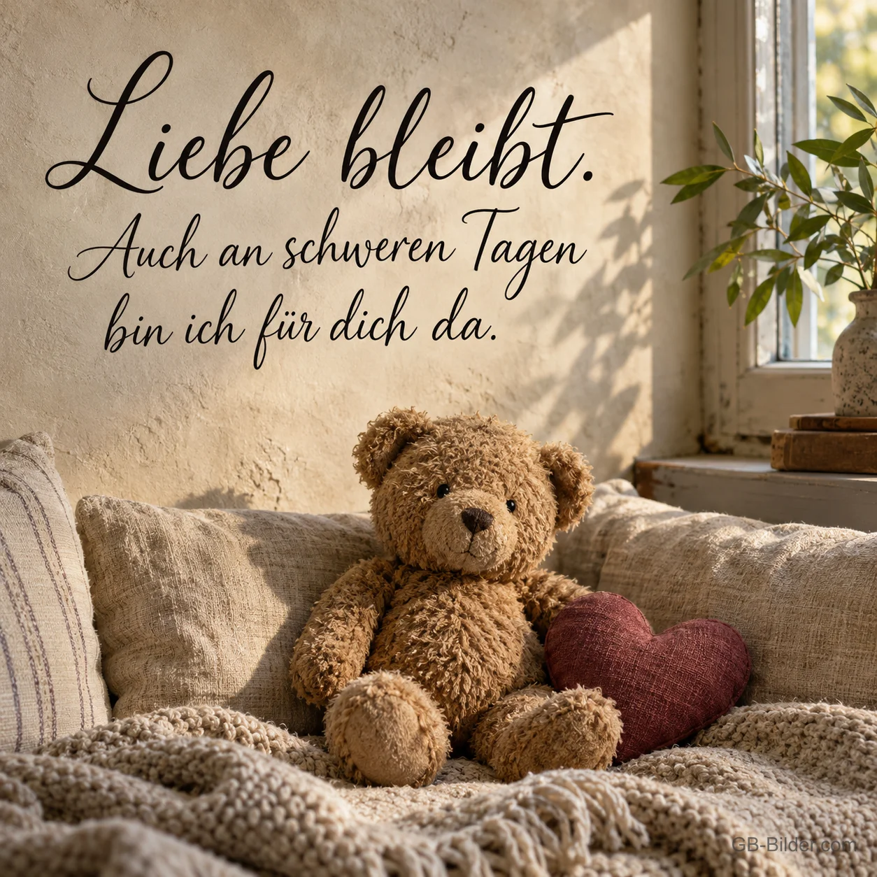 Teddybär mit Stoffherz, Text: Liebe bleibt Teddybär mit Stoffherz, Text: Liebe bleibt