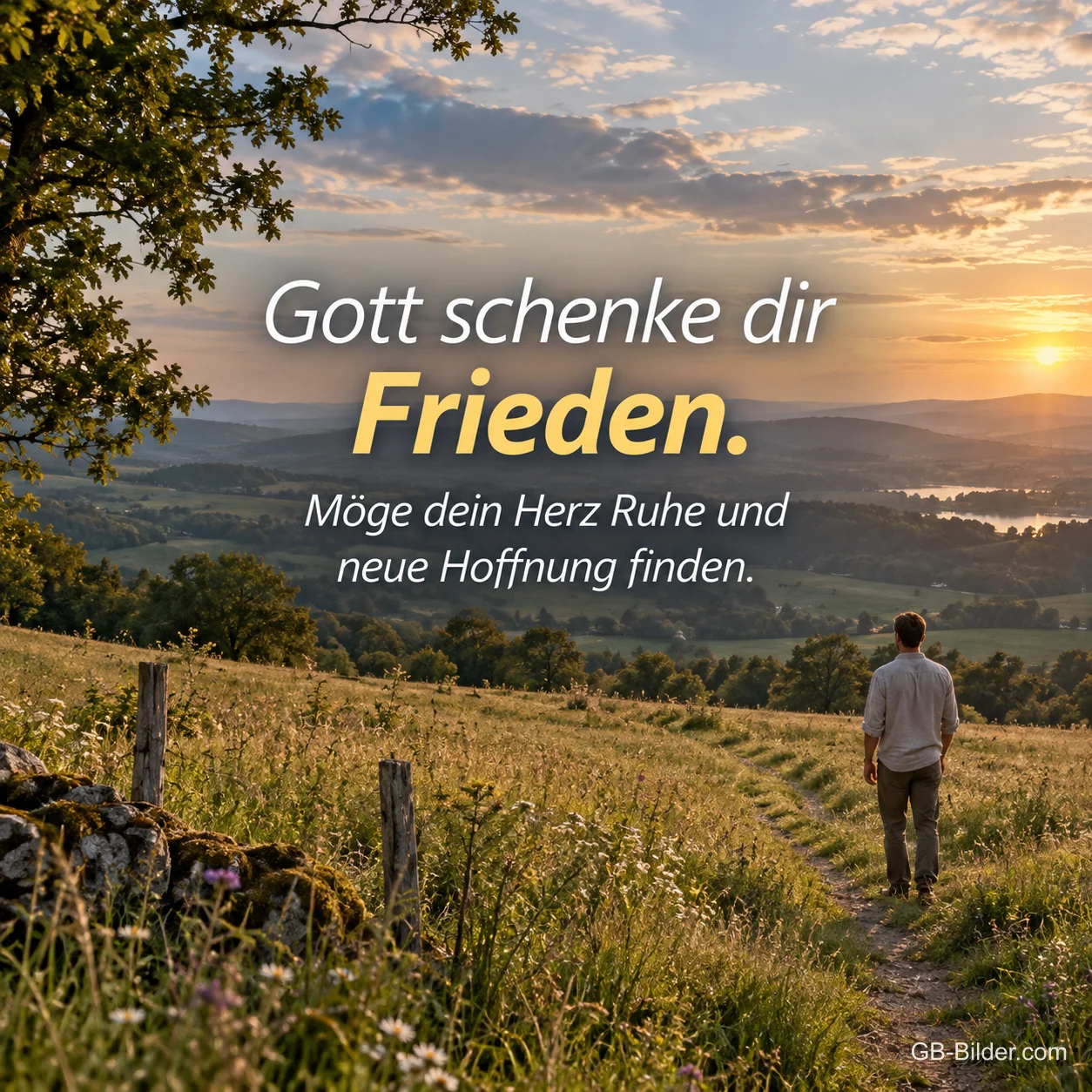 Wanderer auf einem Wiesenpfad, Text: Gott schenke dir Frieden Wanderer auf einem Wiesenpfad, Text: Gott schenke dir Frieden