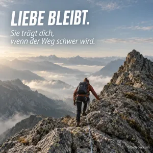 Bergsteigerin auf einem Grat, Text: Liebe bleibt