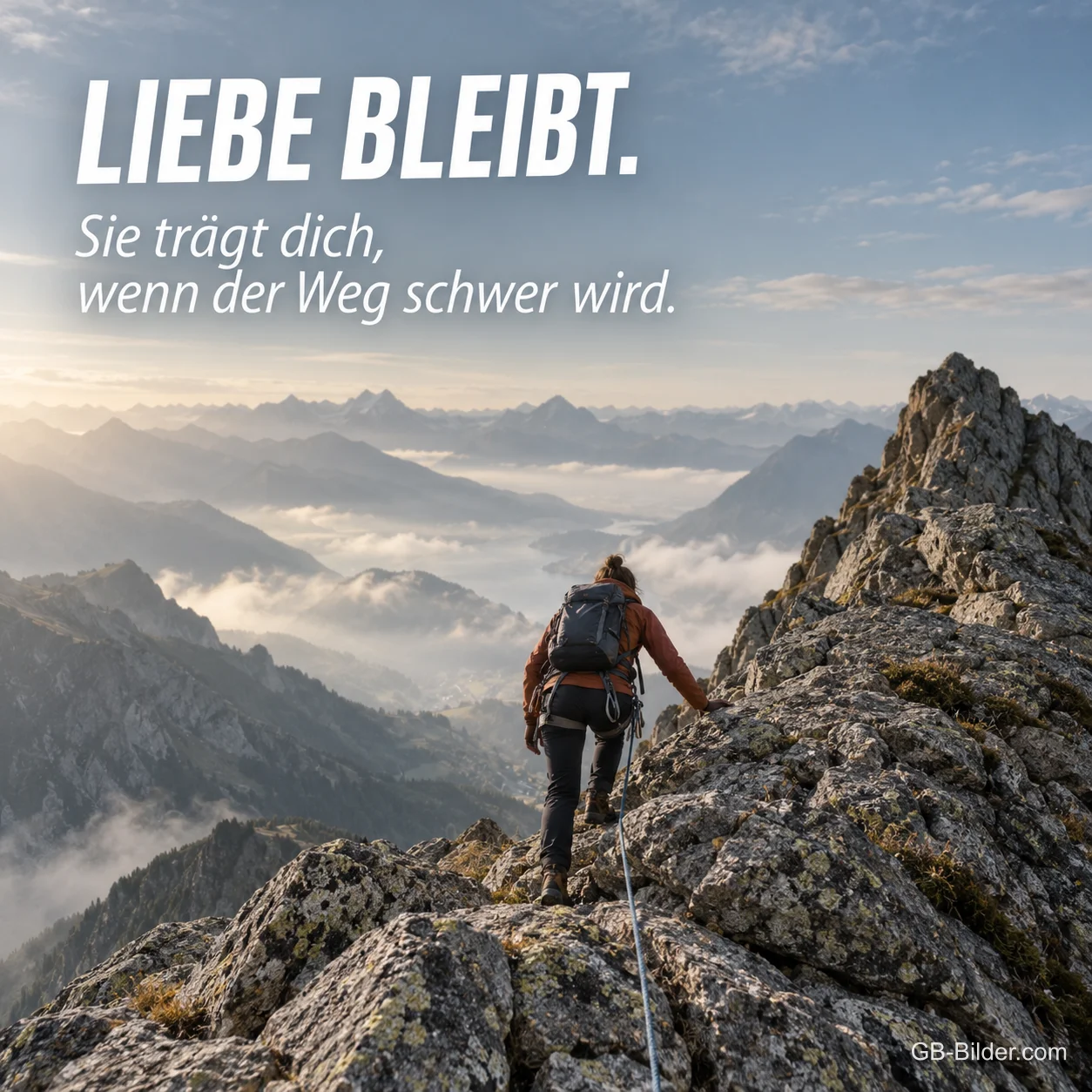 Bergsteigerin auf einem Grat, Text: Liebe bleibt Bergsteigerin auf einem Grat, Text: Liebe bleibt
