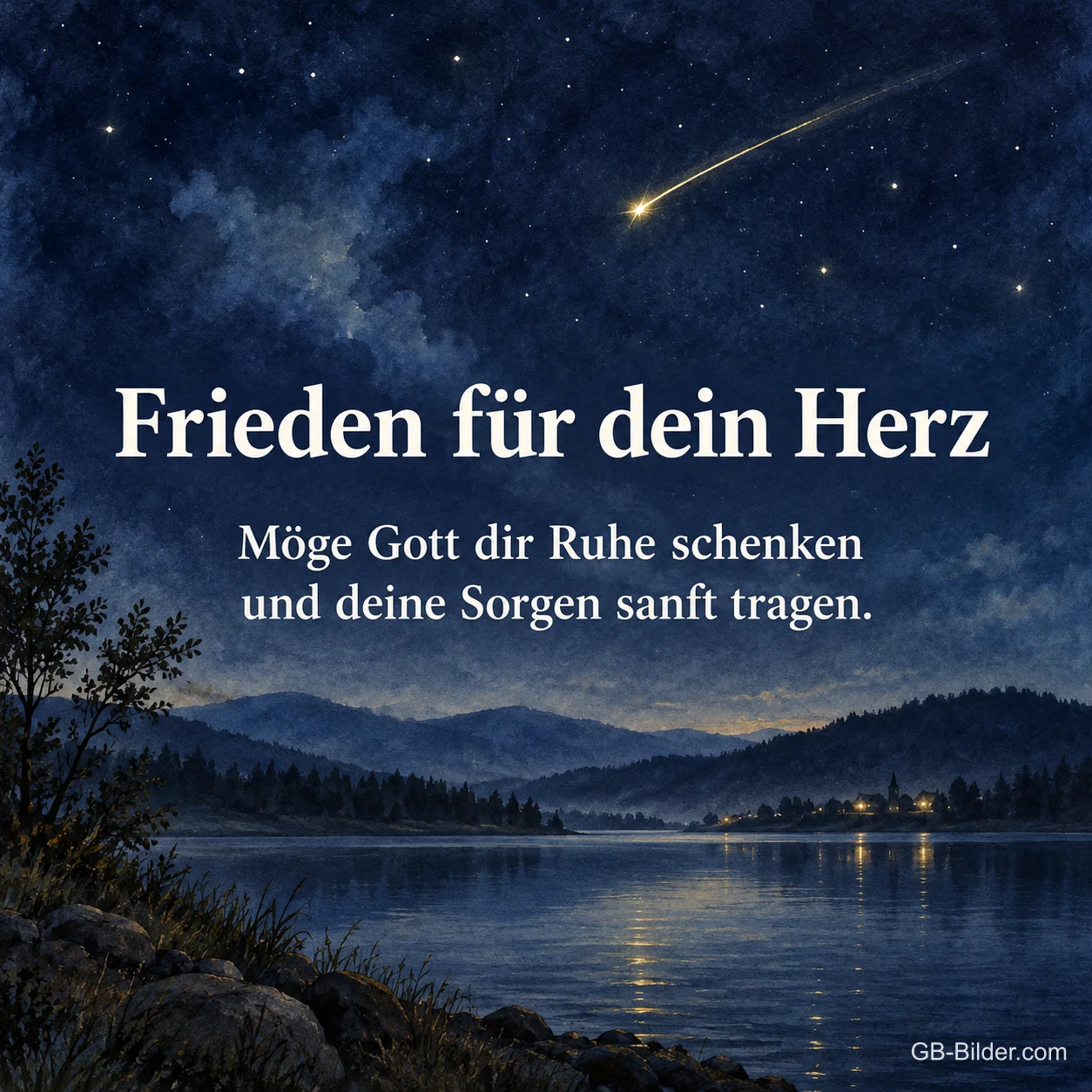 Sternschnuppe über einem See, Text: Frieden für dein Herz Sternschnuppe über einem See, Text: Frieden für dein Herz