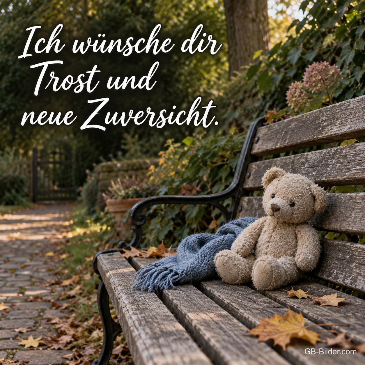Teddybär auf einer Parkbank, Text: Ich wünsche dir Trost und neue Zuversicht Teddybär auf einer Parkbank, Text: Ich wünsche dir Trost und neue Zuversicht