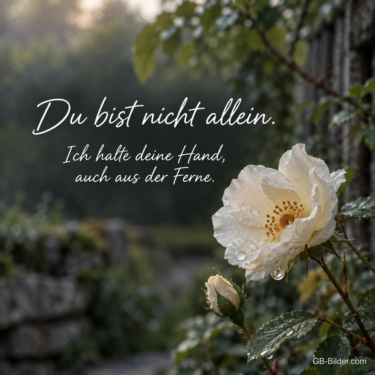 Weiße Wildrose mit Tautropfen, Text: Du bist nicht allein Weiße Wildrose mit Tautropfen, Text: Du bist nicht allein