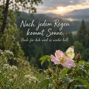 Heckenrose mit Schmetterling, Text: Nach jedem Regen kommt Sonne