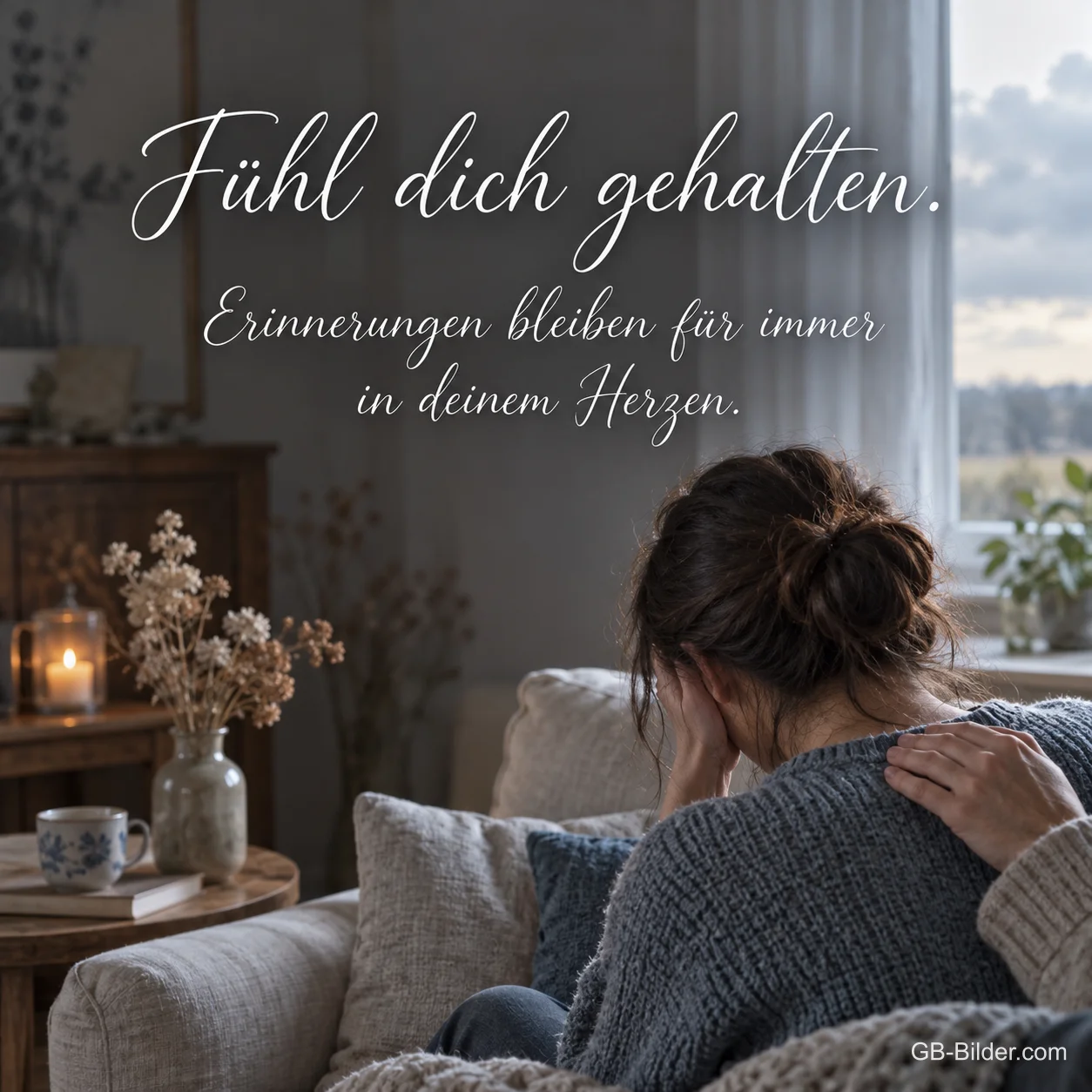 Tröstende Hand auf der Schulter, Text: Fühl dich gehalten Tröstende Hand auf der Schulter, Text: Fühl dich gehalten