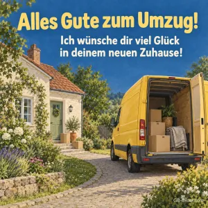 Transporter vor einem Landhaus, Text: Alles Gute zum Umzug