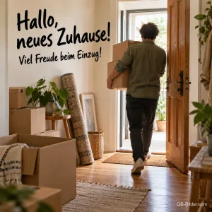 Mann trägt Karton ins Haus, Text: Hallo, neues Zuhause