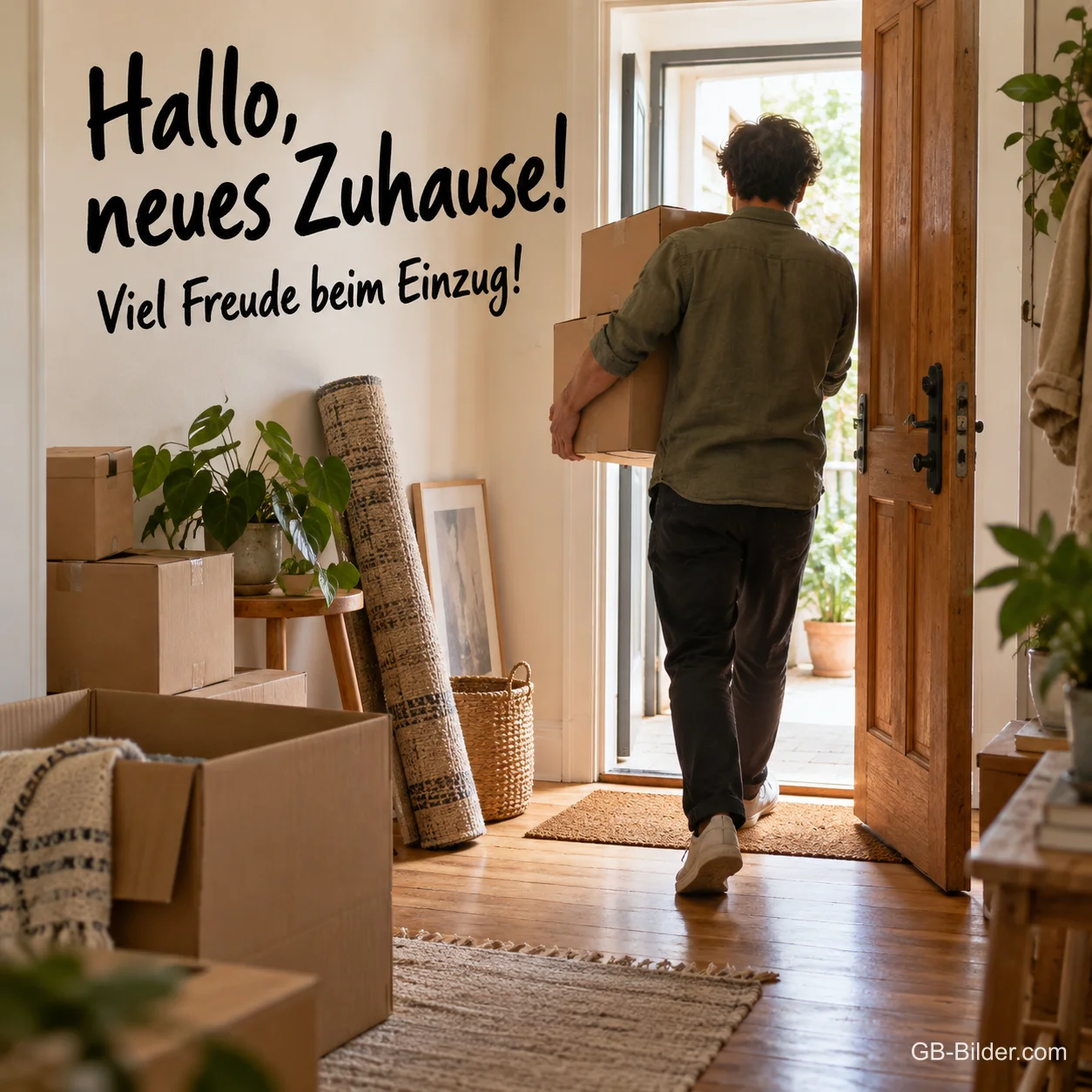 Mann trägt Karton ins Haus, Text: Hallo, neues Zuhause Mann trägt Karton ins Haus, Text: Hallo, neues Zuhause