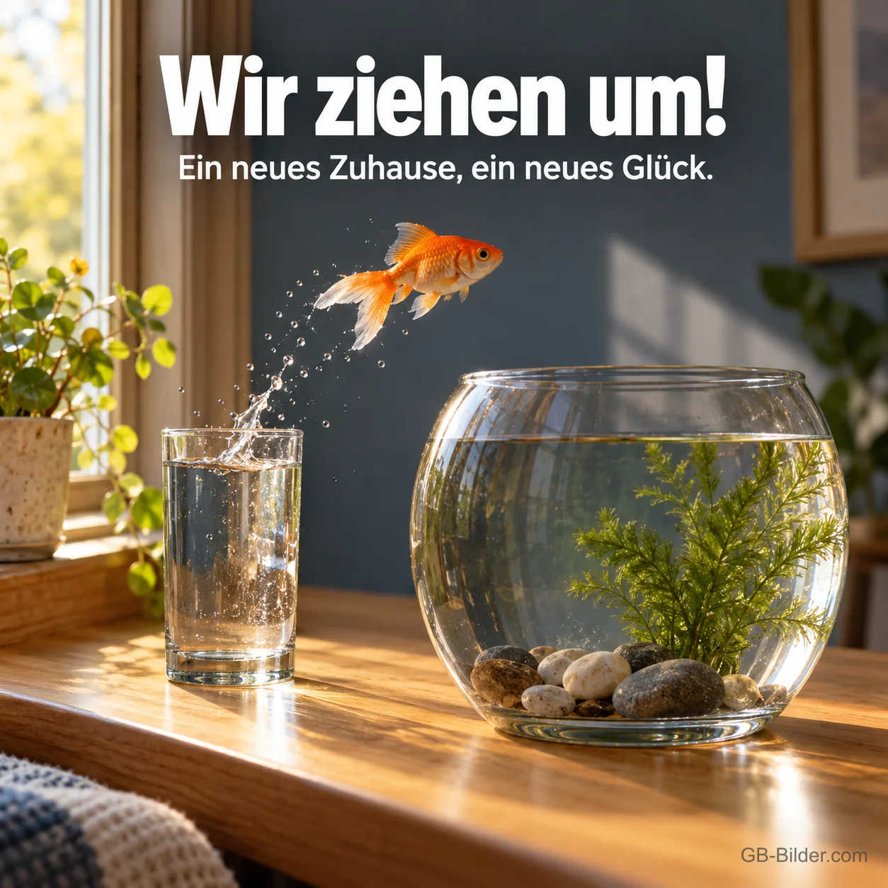 Goldfisch springt ins neue Aquarium, Text: Wir ziehen um Goldfisch springt ins neue Aquarium, Text: Wir ziehen um