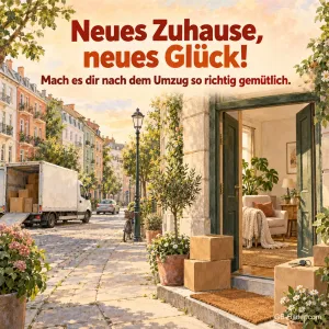Kartons vor einer Haustür, Text: Neues Zuhause, neues Glück
