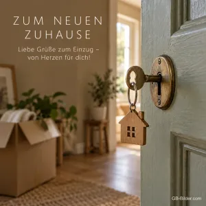 Schlüssel mit Hausanhänger, Text: Zum neuen Zuhause