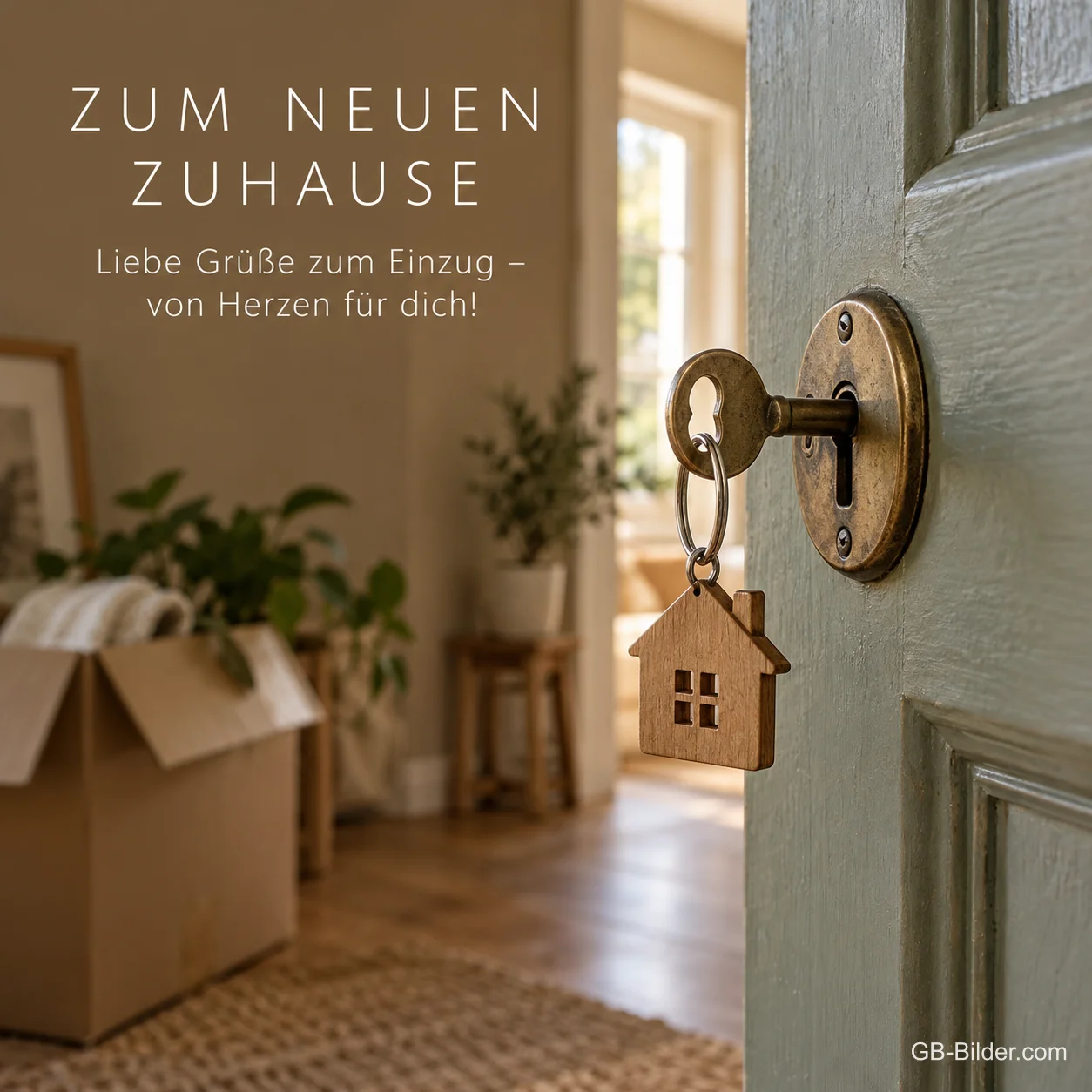 Schlüssel mit Hausanhänger, Text: Zum neuen Zuhause Schlüssel mit Hausanhänger, Text: Zum neuen Zuhause