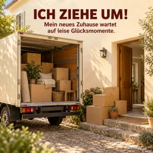 Umzugswagen vor einem Haus, Text: Ich ziehe um