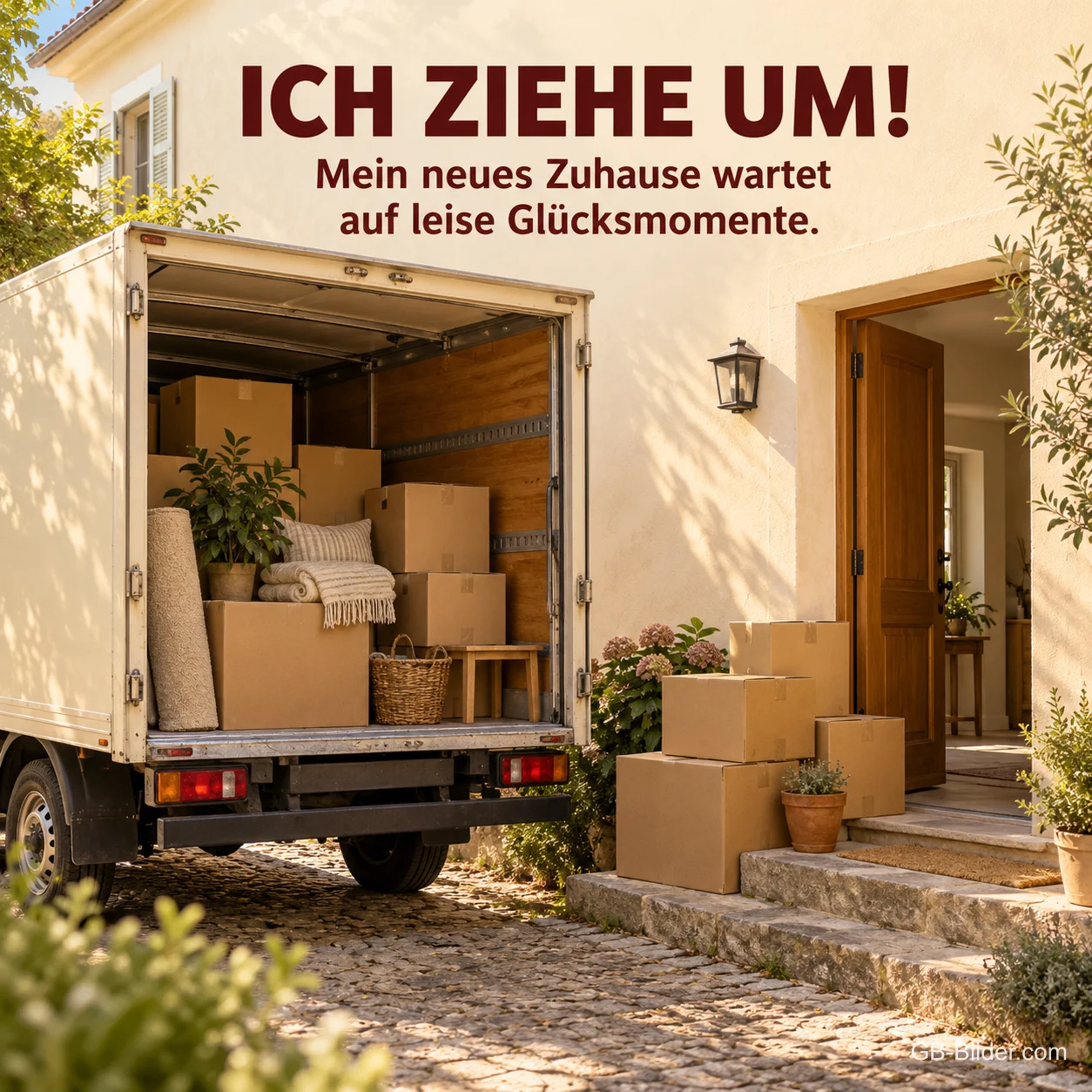 Umzugswagen vor einem Haus, Text: Ich ziehe um Umzugswagen vor einem Haus, Text: Ich ziehe um