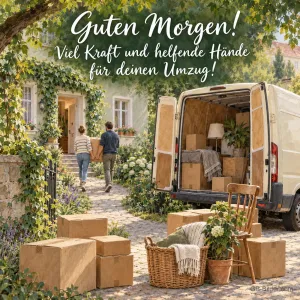 Paar trägt Kartons, Text: Guten Morgen