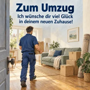 Mann trägt Karton ins Wohnzimmer, Text: Zum Umzug