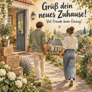 Paar trägt ein Hausmodell, Text: Grüß dein neues Zuhause
