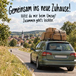 Vollgepacktes Auto auf der Landstraße, Text: Gemeinsam ins neue Zuhause