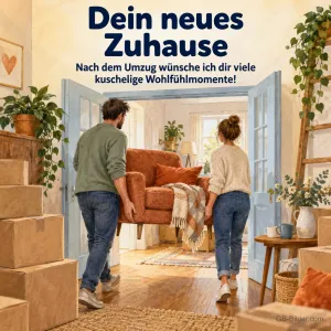 Paar trägt einen Sessel ins Haus, Text: Dein neues Zuhause