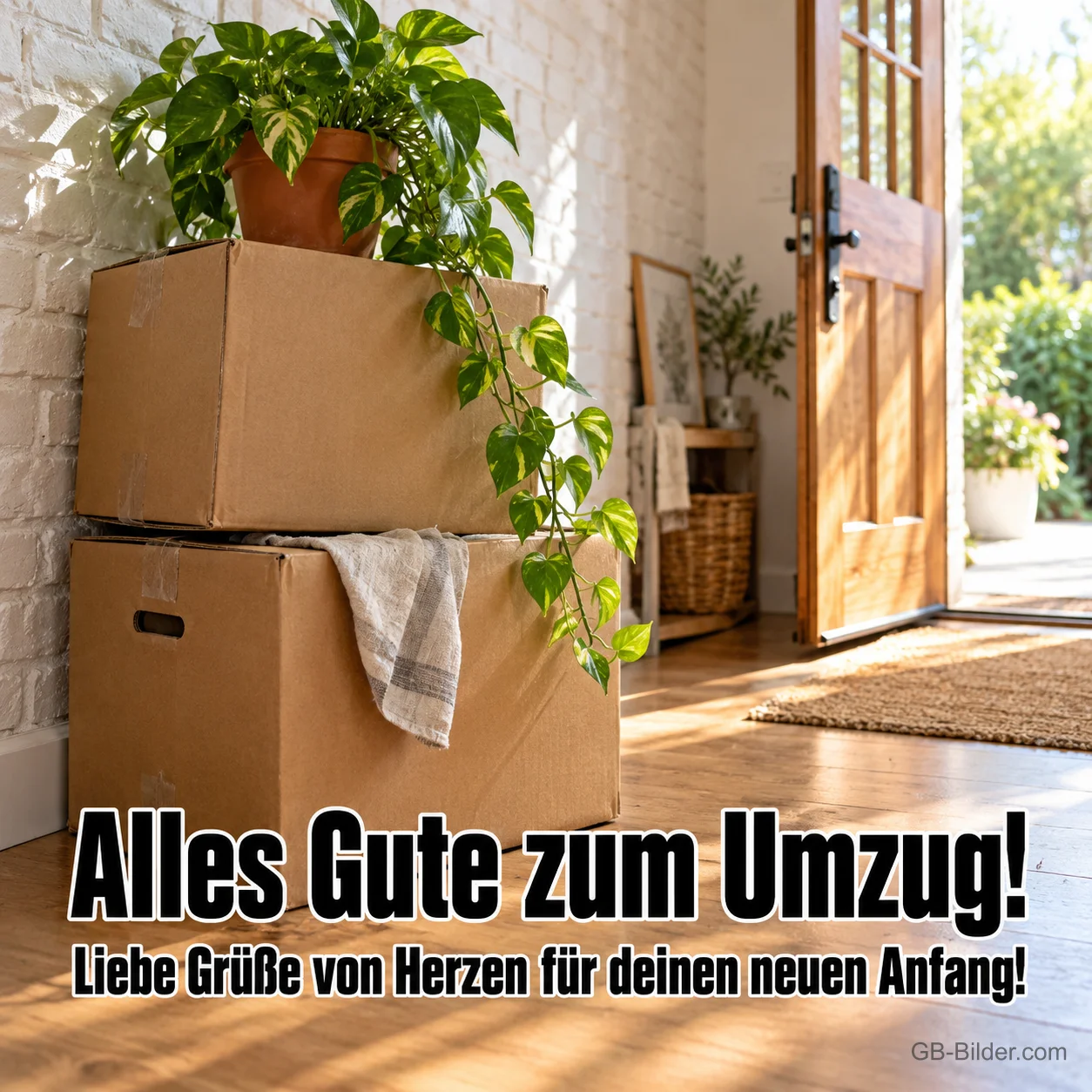 Umzugskartons an der Haustür, Text: Alles Gute zum Umzug Umzugskartons an der Haustür, Text: Alles Gute zum Umzug
