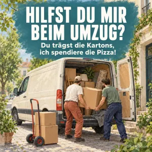 Helfer laden Kartons aus, lustiger Text, Text: Hilfst du mir beim Umzug