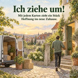 Mann trägt Karton zum neuen Haus, Text: Ich ziehe um