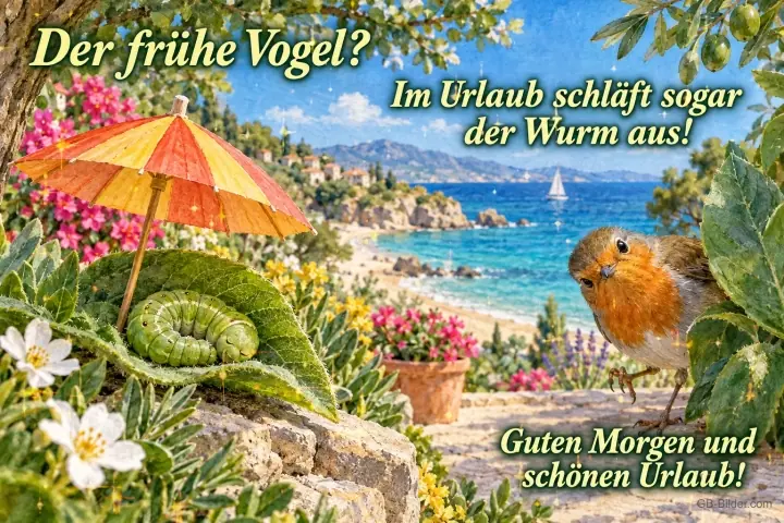 Raupe schläft unter einem Sonnenschirm, Rotkehlchen schaut zu, Meer im Hintergrund, Text: Der frühe Vogel? – Im Urlaub schläft sogar der Wurm aus! Guten Morgen und schönen Urlaub! Raupe schläft unter einem Sonnenschirm, Rotkehlchen schaut zu, Meer im Hintergrund, Text: Der frühe Vogel? – Im Urlaub schläft sogar der Wurm aus! Guten Morgen und schönen Urlaub!