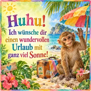 Äffchen winkt neben einem Koffer am Palmenstrand, Text: Huhu! – Ich wünsche dir einen wundervollen Urlaub mit ganz viel Sonne!