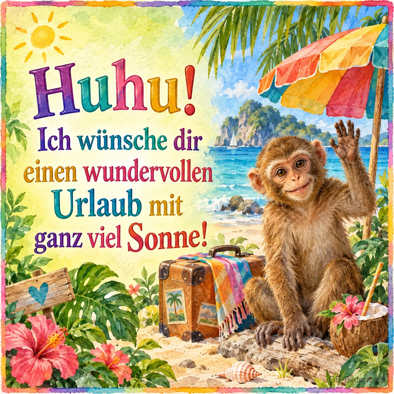 Äffchen winkt neben einem Koffer am Palmenstrand, Text: Huhu! – Ich wünsche dir einen wundervollen Urlaub mit ganz viel Sonne! Äffchen winkt neben einem Koffer am Palmenstrand, Text: Huhu! – Ich wünsche dir einen wundervollen Urlaub mit ganz viel Sonne!