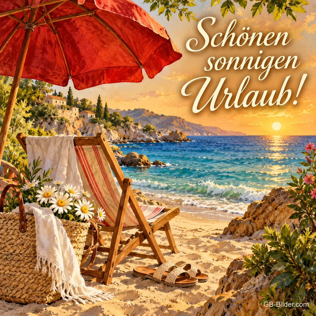 Liegestuhl unter rotem Sonnenschirm an einer Felsbucht, Text: Schönen sonnigen Urlaub! Liegestuhl unter rotem Sonnenschirm an einer Felsbucht, Text: Schönen sonnigen Urlaub!