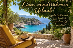 Liegestuhl mit Strohhut auf einer Terrasse über einer Bucht, Text: Einen wunderschönen Urlaub! – Liebe Grüße und eine herrlich sorgenfreie Zeit für dich!